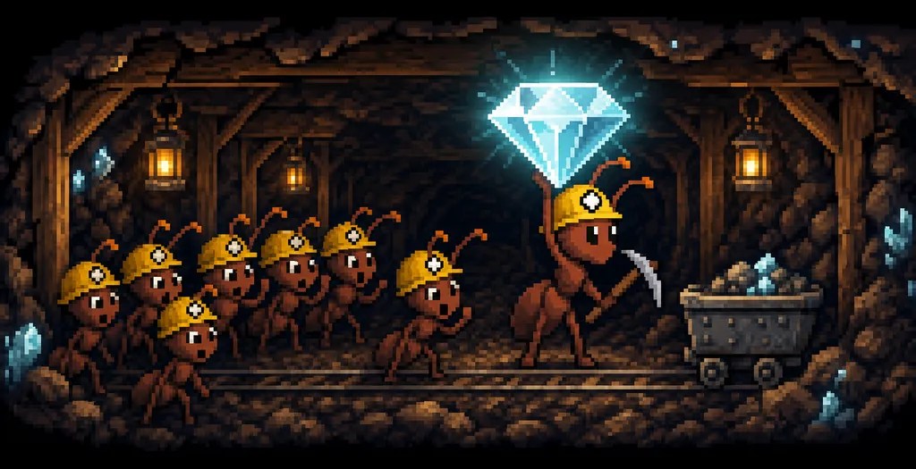 In the mine, the ant lifts the glowing diamond while a crowd of hard-hat ants stares.