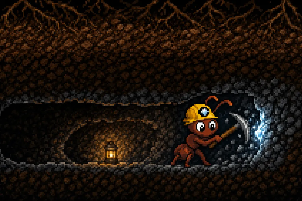 The ant swings his pickaxe in a dark tunnel. A blue glint shines in the rock.