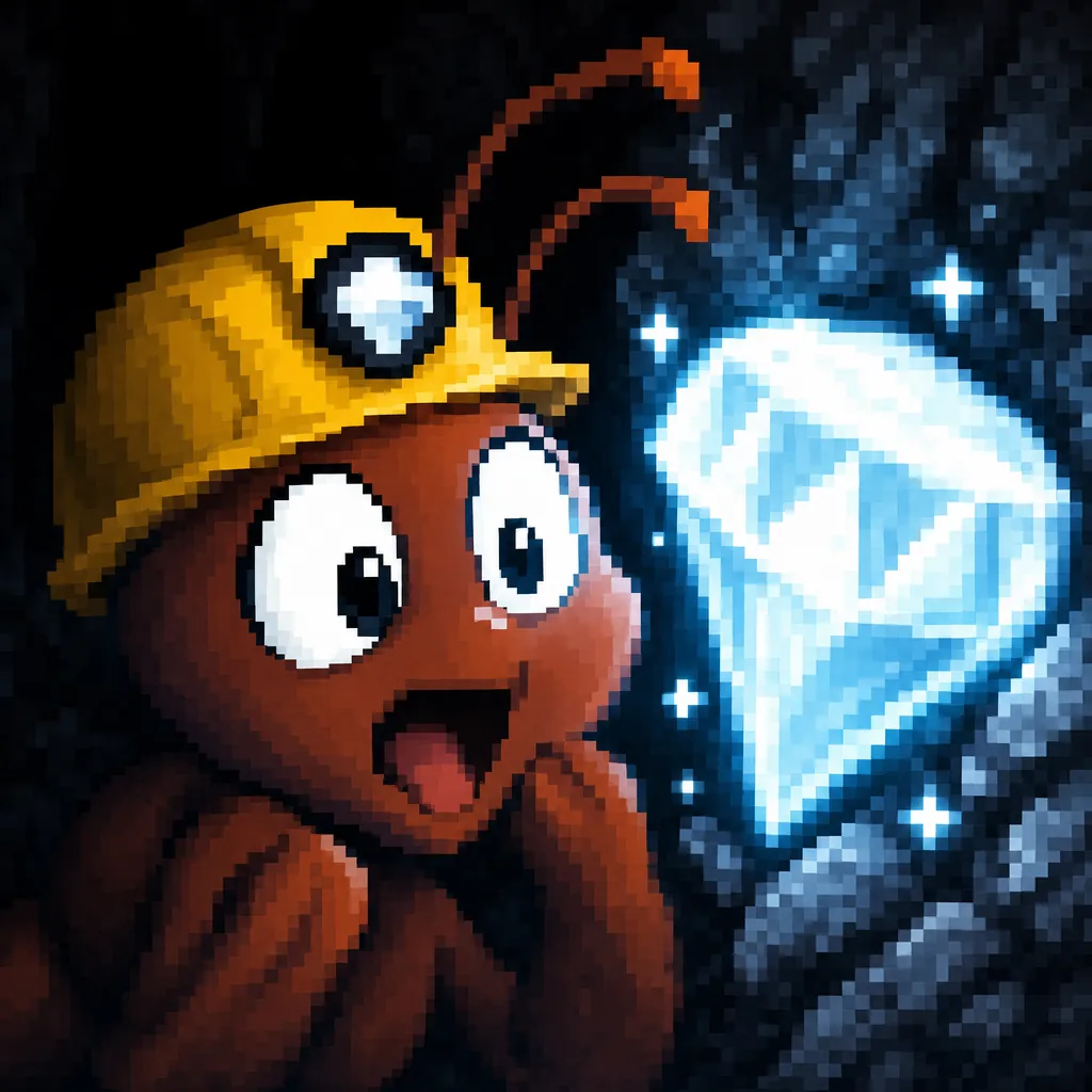 Close-up of the pixel ant, his face lit blue by the diamond he just found.