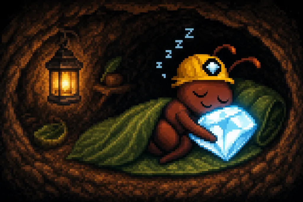 The ant sleeps on a green leaf bed in his burrow, hugging the diamond, a lantern glowing.