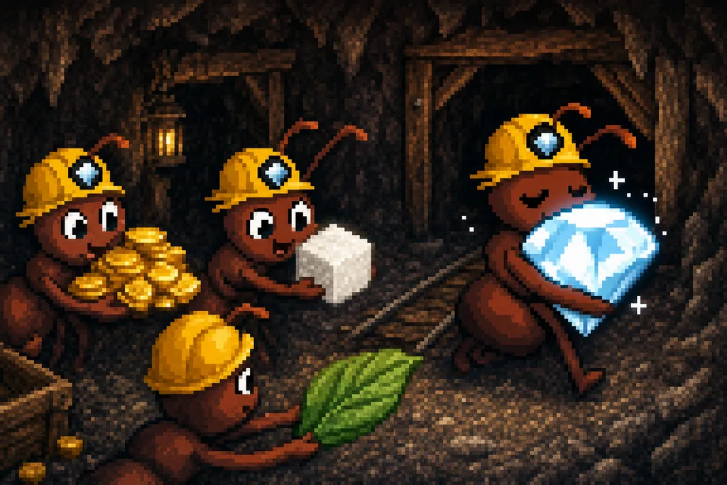 Three ants offer gold coins, a sugar cube and a leaf. The ant hugs his diamond and shakes his head.